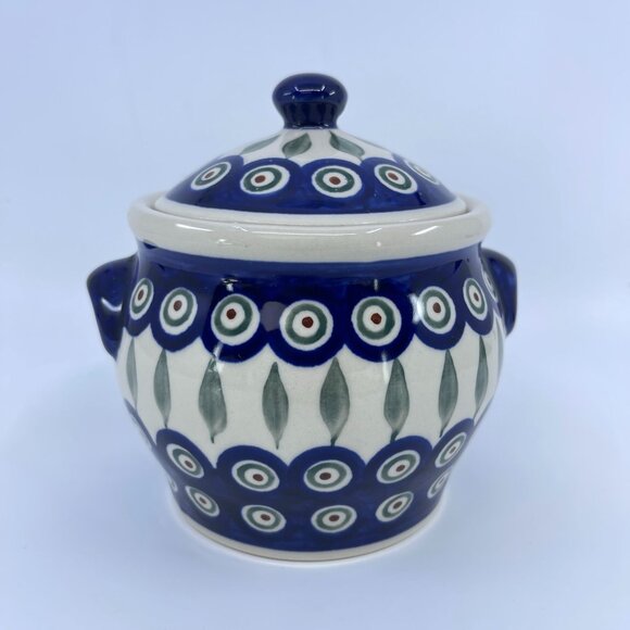 vintage boleslawiec polish pottery lidded jar "peacock" pattern handcrafted - Picture 1 of 7